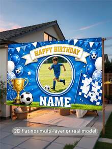 Customizable Photo & Name Football Theme Happy Birthday Backdrop Banner, Blue & White Flag, Balloon & Gold Trophy Design, Suitable For Football Theme Birthday, Event, Holiday, Celebration Background Decoration & Photography Prop, Vinyl Material - Blue - View 5