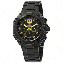 Orient Men's All-Black IP Plated Chronograph Quartz Watch, Racing Style Black & Yellow Contrast Dial, Speedometer Scale, Large Dual Window Date, Durable Sports Watch - Black - View 6