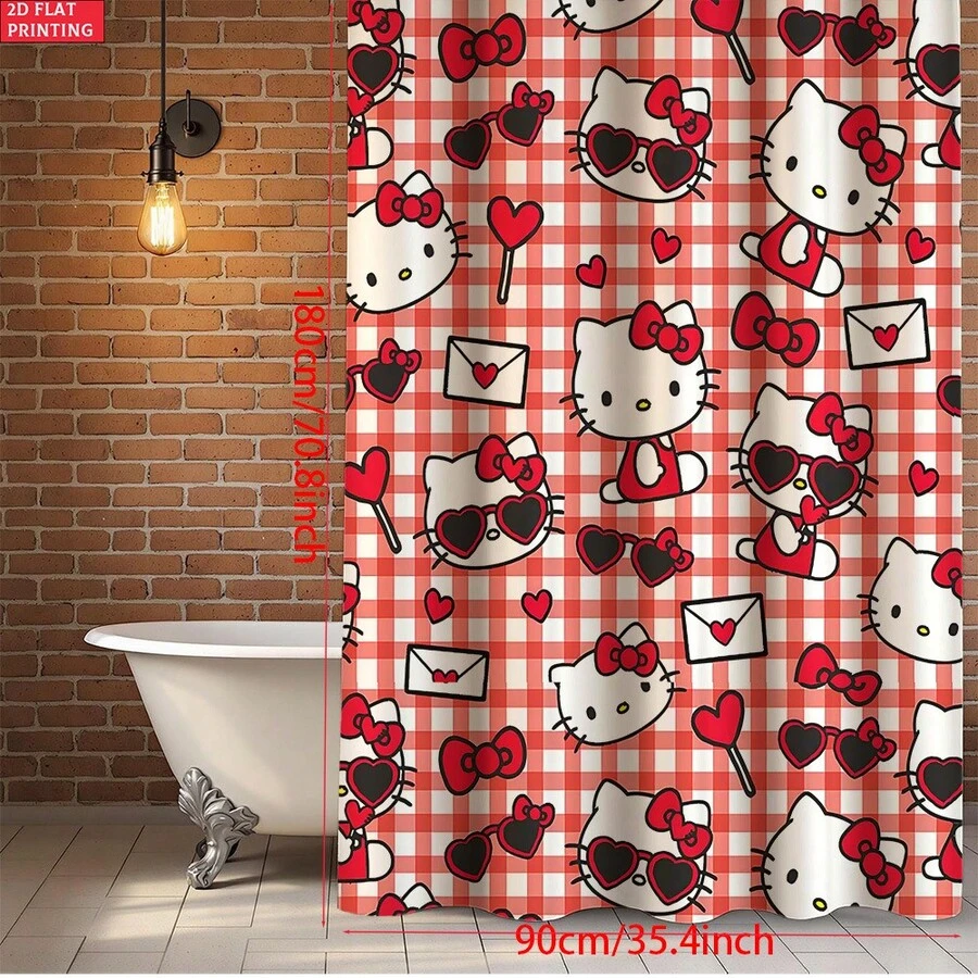 SANRIO 2D Flat Hello Kitty Pattern Shower Curtain, Shower Curtain With 12 Hooks, Bathroom Decor, Holiday Gift, 1/3/4 Pieces - Shower Curtain Set - View 1