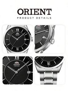 Orient Men's All‑Steel Round Automatic Watch Dual‑Texture Black Dial Roman‑Numeral Accents Date‑Window Daily‑Utility Business‑Casual Mechanical Watch - Black - View 6