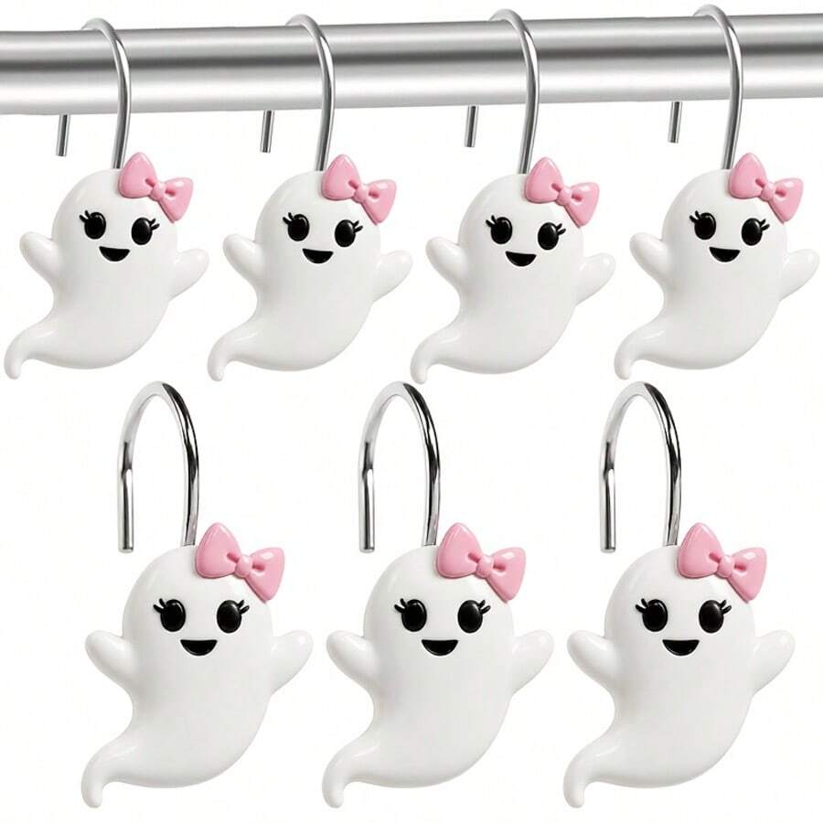 12pcs Halloween Shower Curtain Hooks, Stainless Steel Rust-Proof Resin Hand-Painted Cute Girl Bow Ghost Decorative Shower Curtain Rings, Halloween Home Decor Bathroom Accessories