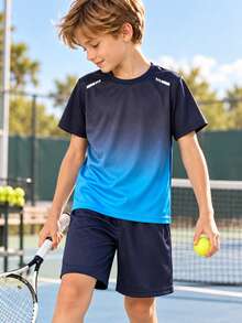 2pcs/Set Boys Dark Blue Gradient Sports T-Shirt & Shorts Set, Short Sleeve Athletic Outfit, Suitable For School, Running, Training, Basketball And Outdoor Activities - Multicolor - View 1