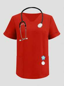 1 Set Solid Color V-Neck Short Sleeve Top And Split Leg Pants Lab Coat Nurse Scrub Scrubs Suit, Pet Hospital Clinic Work Scrub Scrub Red Fall - Red - View 6