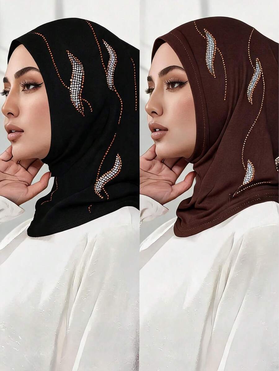 2pcs/Set Women's Fashionable Exquisite Muslim Hijab Headscarf, Silky Cotton Super Soft Fabric, Rhinestone Craft, Middle Eastern Home Fashion Headscarf - 2-pack Mercerized Cotton Rhinestone Headband, Multi-color - View 1