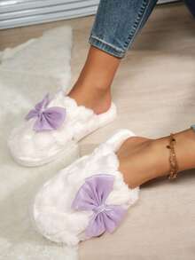 Women's Bow Open Toe Plush Warm Slippers, Comfortable Breathable Indoor House Slippers, Suitable For All Seasons - Purple - View 3