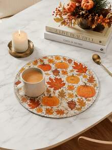 1/4/6PCS Pumpkin Maple Leaf Round Linen Placemats, Rustic Autumn Harvest Printed Dining Table Mats, Farmhouse Heat Resistant Decorative Place Mats For Thanksgiving Kitchen Dining Room Fall Home Table Decor - Multicolor - View 4