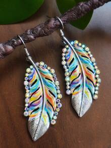 1 Set Painted Feather Rhinestone Pendant Necklace & Earrings Set, Western Vintage Distressed Silver Colorful Rhinestone Feather Earrings, Multi-Color Accessories - Necklace+Earrings - View 19