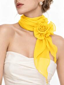 Women's Lightweight Sheer Chiffon Scarf With Detachable 3D Rose Decor, Wavy Ruffle Edge Long Neck Scarf, Suitable For Wedding, Party And Daily Wear - Multicolor - View 9