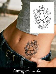 Herbal Juice Semi-Permanent Tattoo Sticker Mori Style Five-Pointed Star & Floral Wreath Pattern 14 Days No Fading Music Festival Party Gift Arm Back Waist Abdomen Body Temporary Tattoo Sticker 1pc/Pack - Blue - View 1