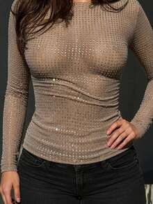 Women's Shiny Round Neck Long Sleeve Fitted Mesh T-Shirt, Suitable For Outdoor, Camping, Music Festivals Spring - Brown - View 3
