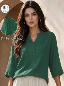 Women's Elegant Vintage Casual Literary Embroidered Blouse, Solid Color Non-Positioned Embroidery Loose Casual Linen Boho Top Summer - Dark Green - View 2