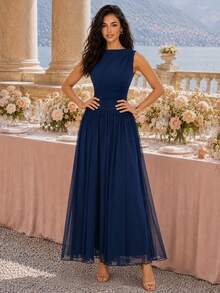 MIUSOL Half Neck Sleeveless Ruched Mesh Formal Party Long Dress,Autumn Dress,Evening Dress,For Wedding Guest,Graduation,Dinner - Navy Blue - View 5