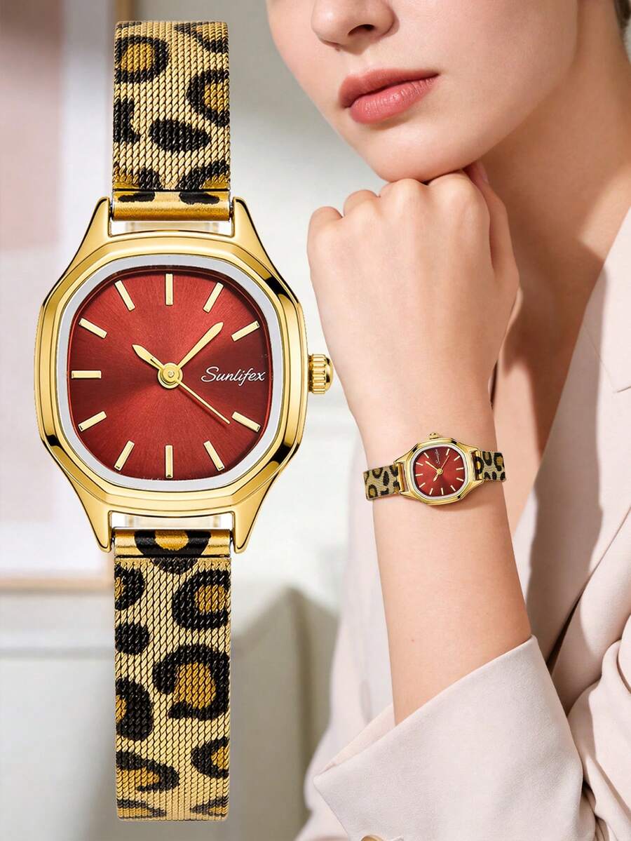 1 buah Jam Tangan Quartz Retro Segi Delapan Wanita, Casing Paduan Emas, Dial Merah, Tali Jala Logam Motif Leopard, Cocok untuk Pemakaian Sehari-hari dan Hadiah - Merah - View 1