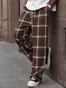 SU ER Men's Summer Casual Elastic Waist Drawstring Loose Drapey Lazy Wide Leg Plaid Curved Leg Long Pants - Coffee Brown - View 1