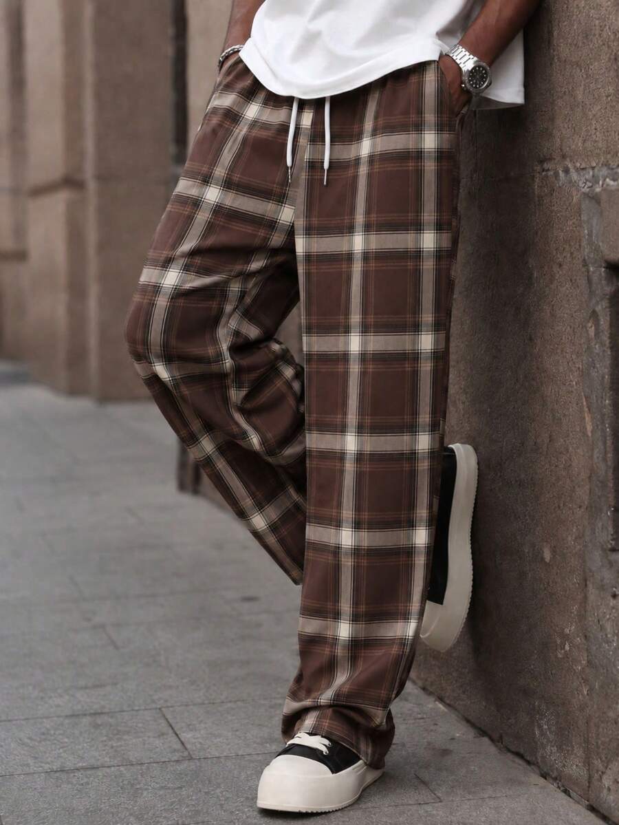 SU ER Men's Summer Casual Elastic Waist Drawstring Loose Drapey Lazy Wide Leg Plaid Curved Leg Long Pants - Coffee Brown - View 1