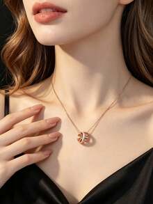 1pc Unisex Luxury Rose Gold Roman Numeral Triple Ring Necklace, Rhinestone Cylinder Pendant Collarbone Chain, High-End Niche Design Accessory, Versatile For Commute, Party, Date, Elegant Minimalist Style, Suitable For Saudi National Day/Thanksgiving/Mother's Day/Valentine's Day Gift - Triple Ring Necklace - View 6