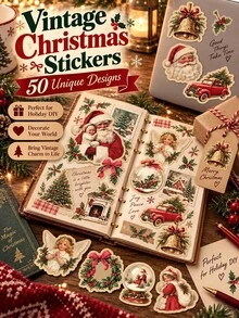 50 Stiker Natal Vintage + 1 Gulungan 500 Stiker Hadiah Bunga Merah, Paket Stiker Dekoratif DIY Liburan Retro untuk Scrapbook, Jurnal, Laptop, Pembungkus Kado, Kartu Natal, Perencana & Proyek Kerajinan Tangan - beraneka warna - View 3