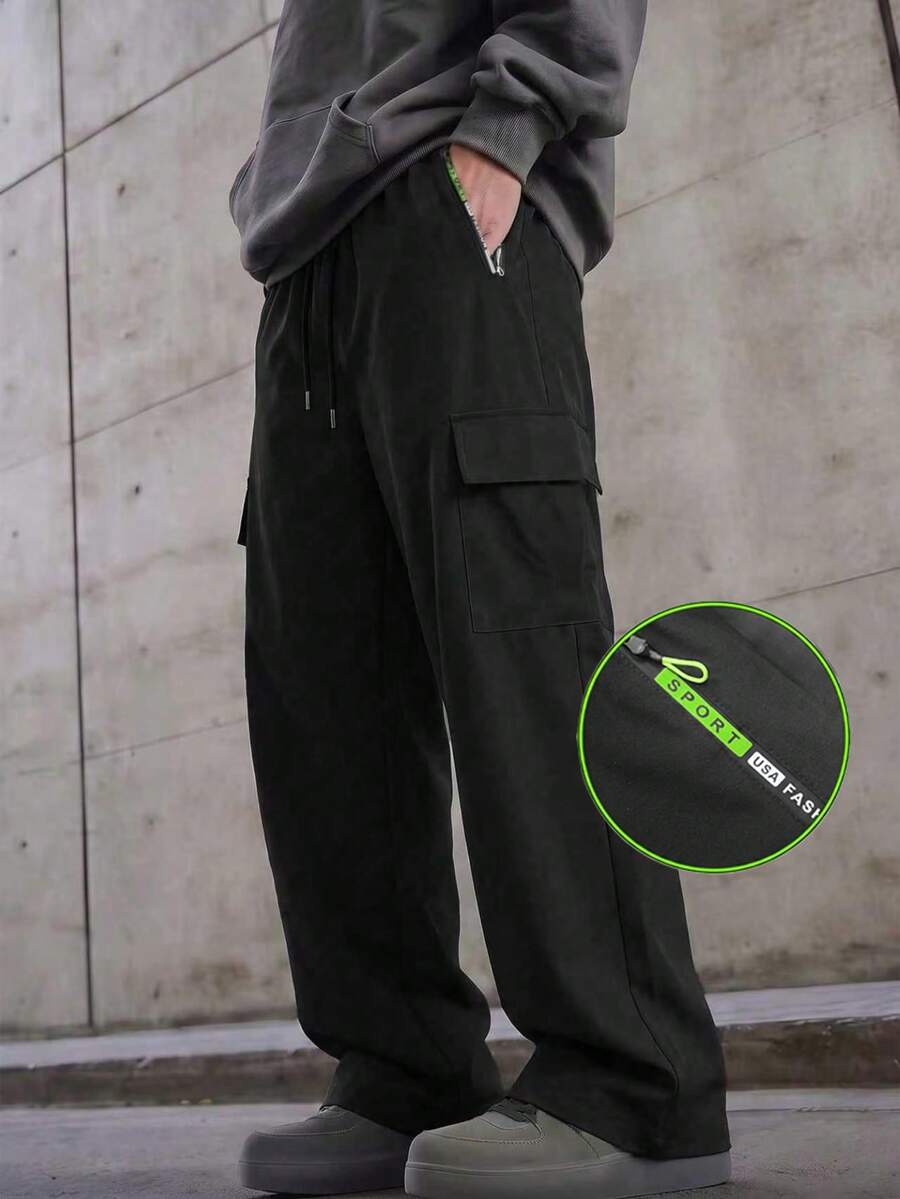 1pc Men's Straight Leg Cargo Pants, Zipper Side Pockets, Versatile Commuter Straight Leg Casual Pants, Sporty Style - Black - View 1
