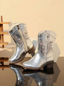 Girls Princess Boots Autumn/Winter New Style Warm Tall Boots Children Embroidered Western Boots - Silver - View 4