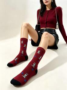 3/5 Pairs Multi-Color Cute Animal Pattern Mid-Calf Socks, Set, Vintage Artistic Style Slouch Socks, Unisex Versatile Socks, Holiday Gift Idea, Autumn Socks - Multicolor - View 2