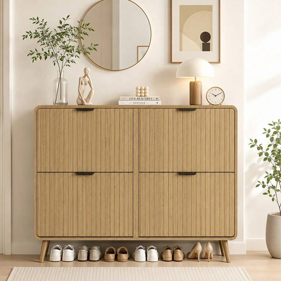 Fluted 4-Drawer Shoe Storage Cabinet – 47" Mid-Century Modern Entryway Organizer With Flip Drawers, Display Top & Bottom Storage - Natural Wood Color - View 1