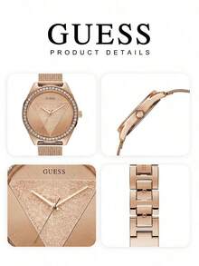 ساعة GUESS ذهب وردي للنساء مع إطار مرصع بالألماس وسوار من الفولاذ الشبكي - زهر ذهبي - مشاهدة 6