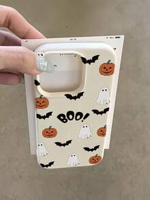 1pc Halloween White Ghost Bat Pumpkin Lantern Letter Pattern, Anti-Drop TPU Material Lychee Texture Phone Case, Suitable As Holiday Gift Compatible With Apple 11 12 13 14 15 16 17 18 Pro/Pro Max/14 15 16 17 Plus Phone Protective Cover, Holiday Gift, Daily Commute, Daily Anti-Drop Highly Attractive Style - Multicolor - View 2