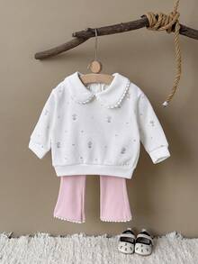 2pcs/Set Baby Girls Floral Embroidered Peter Pan Collar Long Sleeve Sweatshirt & Frilly Long Pants, Spring/Autumn - White - View 14