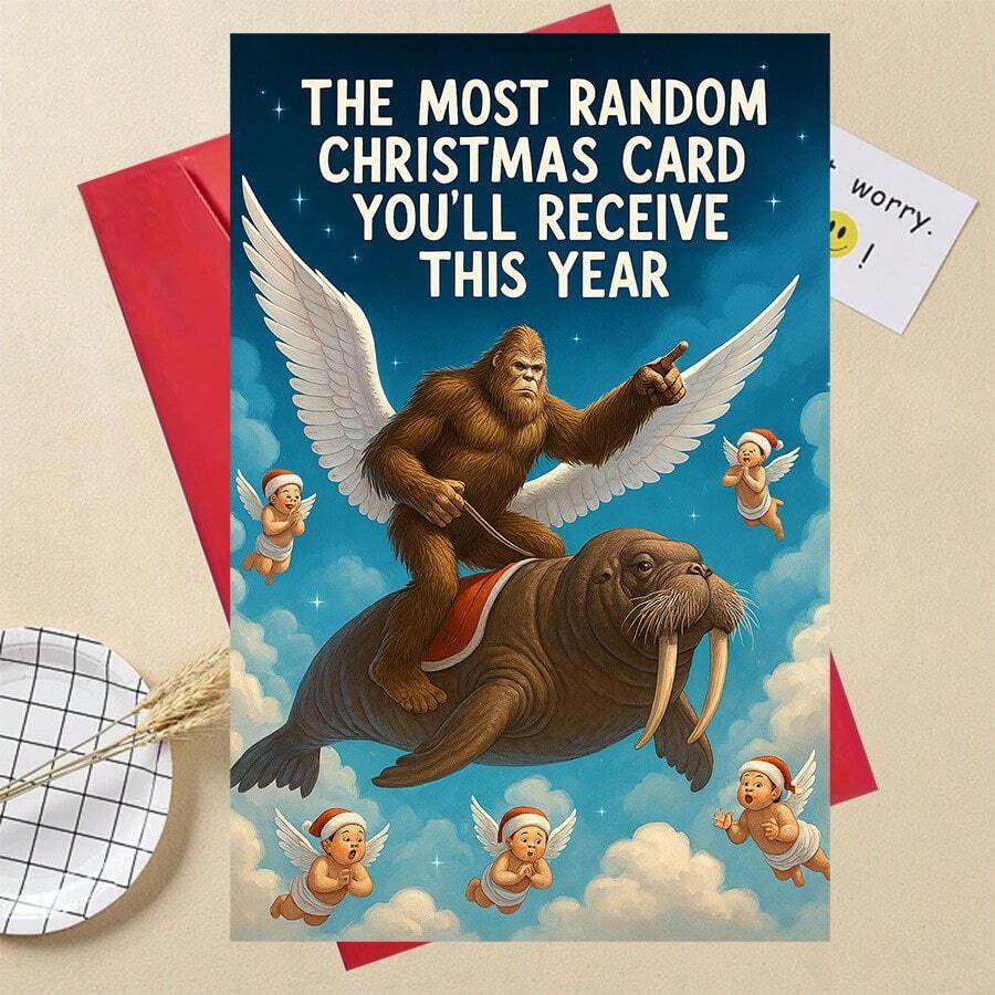 1pc Perfect Christmas Gift - Most Random Christmas Card, Featuring A Flying Bigfoot Riding On A Walrus's Back With Angelic Companions. Perfect For Quirky Friends, Family Or Colleagues Who Love Unique Holiday Humor JXJZ