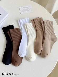 6 Pairs Women's Solid Color Mid-Calf Socks, Minimalist Versatile Ribbed Casual Sports Socks, Comfortable Breathable All-Purpose Socks, Suitable For Daily Commute, 1 Pair, 6/12 Pieces - Multicolor - View 10