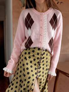 Fall/Winter Pink Argyle Lace Casual Blouses Knit Cardigan - Pink - View 10