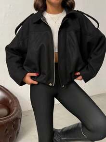 Women's Black Short Wool-Blend Bomber Jacket - Black - View 2
