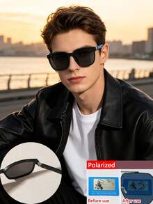 1 PC Men's Casual Cool Square Fashion Glasses Lightweight PC Frame Spring Legs Polarized Lens Simple For Travel Casual Outing With Glasses Box - Multicolor - View 1