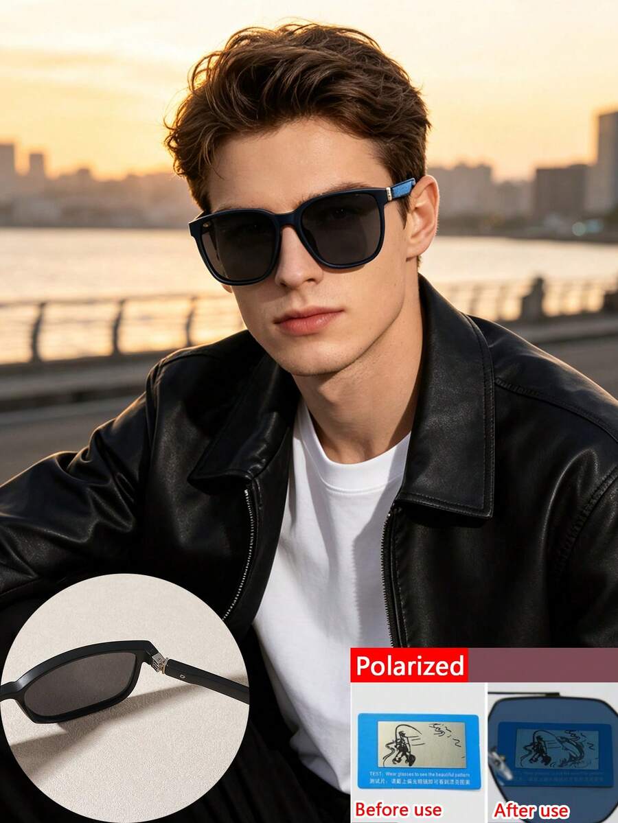 1 PC Men's Casual Cool Square Fashion Glasses Lightweight PC Frame Spring Legs Polarized Lens Simple For Travel Casual Outing With Glasses Box - Multicolor - View 1