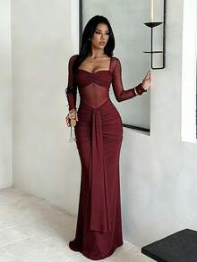 1pc Solid Color Sexy Knit Fabric Sheer Dress For Evening Date, Beach Vacation, Autumn - Burgundy - View 2