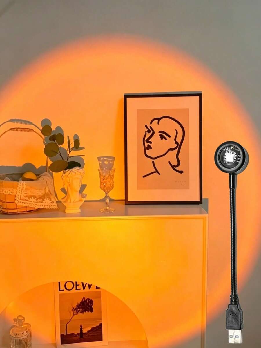 1pc USB Powered RGB Sunset Projection Lamp, Flexible Gooseneck Atmosphere Night Light, Multi‑Color Rainbow Projector Light For Bedroom Selfie Photography Home Party Decor Gift - Multi-color light - View 1