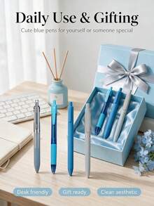 1/4pcs Blue Tone Series Clickable Neutral Pens, Fine Tip Smooth Black Ink Ballpoint Pens, Cute Stationery For Journaling And Note-Taking, Back To School Office Supplies, Ideal Gift For Students - Blue Tones - View 5
