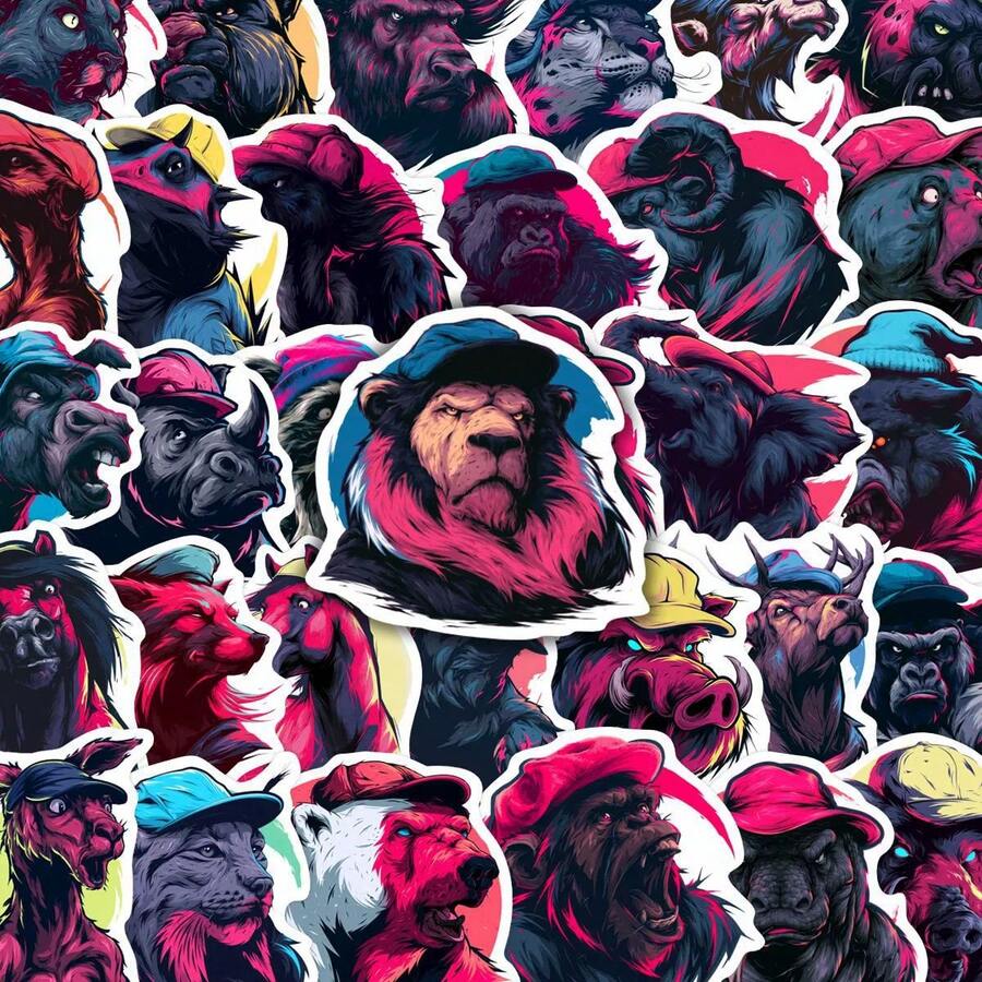50pcs Neon Cool Hat-Wearing Wild Animal Stickers, Waterproof PVC DIY Art Stickers, Suitable For Street Style Handmade Decoration