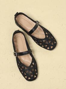 Women's Embroidered Buckle Mary Jane Shoes, V-Neck Slip-On Ballet Shoes - Black - View 3