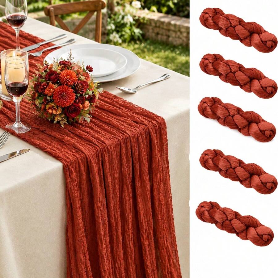 5 Packs Terracotta Cheesecloth Table Runner,Soft Airy Flowy Draped Fabric Table Decor, Lightweight Breathable Boho Table Decorations For Wedding Banquet, Bridal Shower, Baby Shower, Engagement Party, Wedding, Holiday Dinner, Farmhouse Celebration - Rust Red - View 1