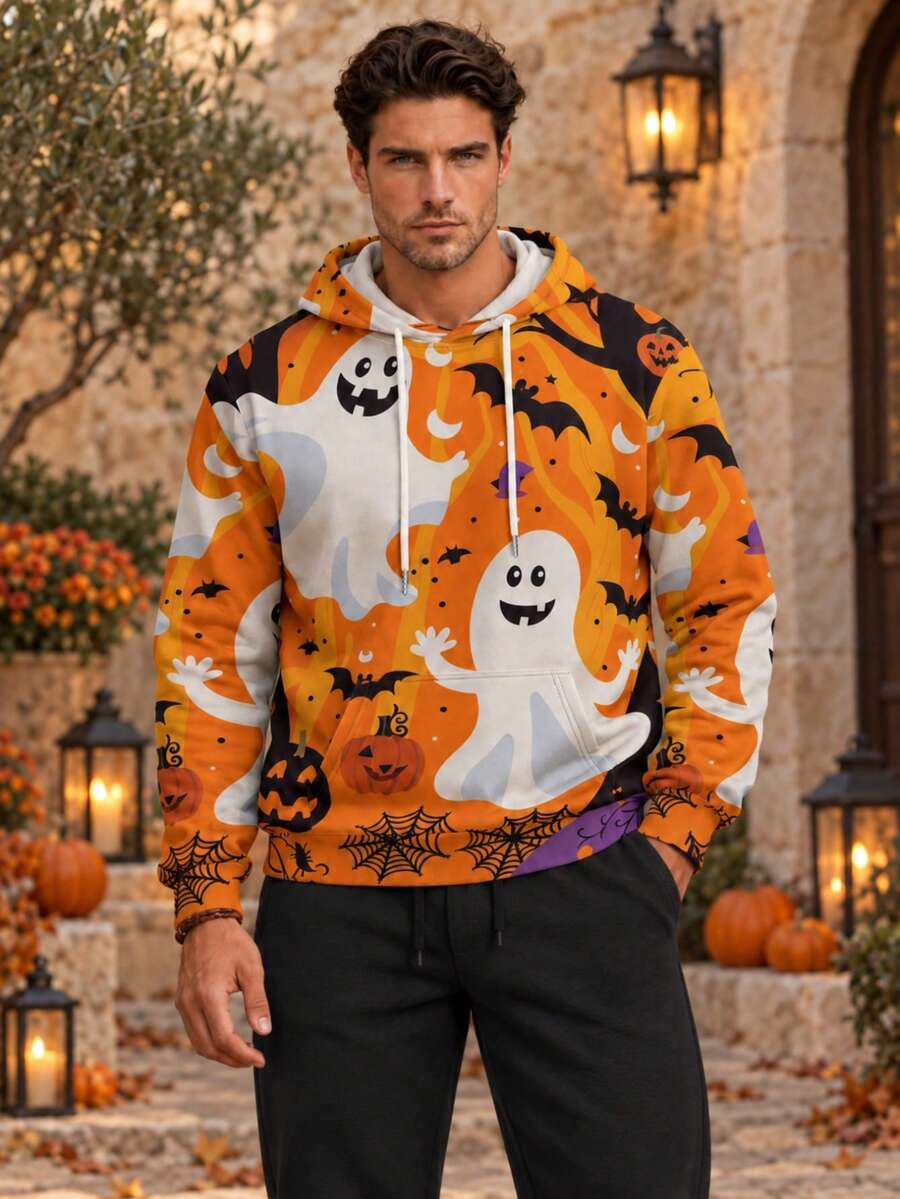 Men's Halloween Ghost Pumpkin Print Hoodie, Spooky Graphic Casual Pullover Sweatshirt - Multicolor - View 1