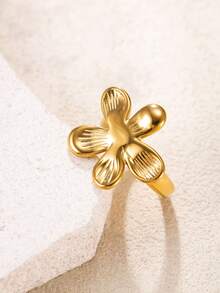 1pc Vintage Artistic Style Stainless Steel Gold Ring, 3D Flower Open Design, Suitable For Women's Daily, Holiday, Date, Engagement, Wedding, Saudi National Day, Halloween - Gold - View 5