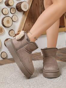 Women's Short Thick Sole Snow Boots, Furry Bow Back, Thermal Lined Warm Height-Increasing Boots - Khaki - View 5