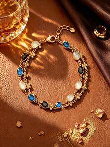 1Pc Vintage Double Layer Flower Chain Glass Stone Bracelet, Multi‑Color Oval Inlaid Beaded Chain Bracelet, Party Daily Wrist Jewelry For Women - Glass Rhinestone Flower Bracelet - View 14