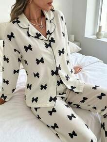Nina Bonheur 2pcs/Set Women's Loose Comfortable Breathable Bow Print Long Sleeve Top + Pants Cute Pajama Set - Black and White - View 3