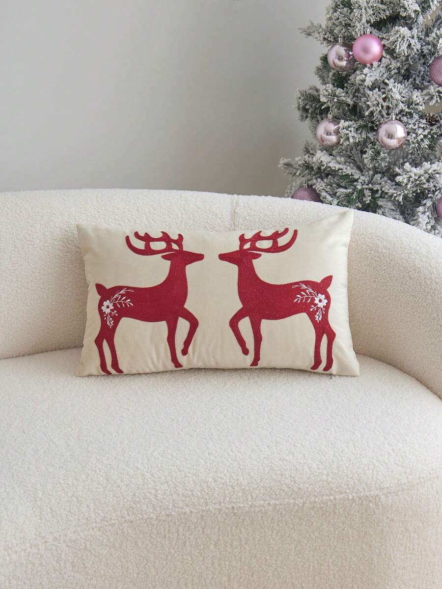 LCUHPCL Christmas Red Deer 3D Embroidered Waist Pillow Case 1pc And 2pcs, Beige Rectangular Cushion Cover, Sofa Bedroom Holiday Home Decor, 12*20 Inches - Multicolor - View 1