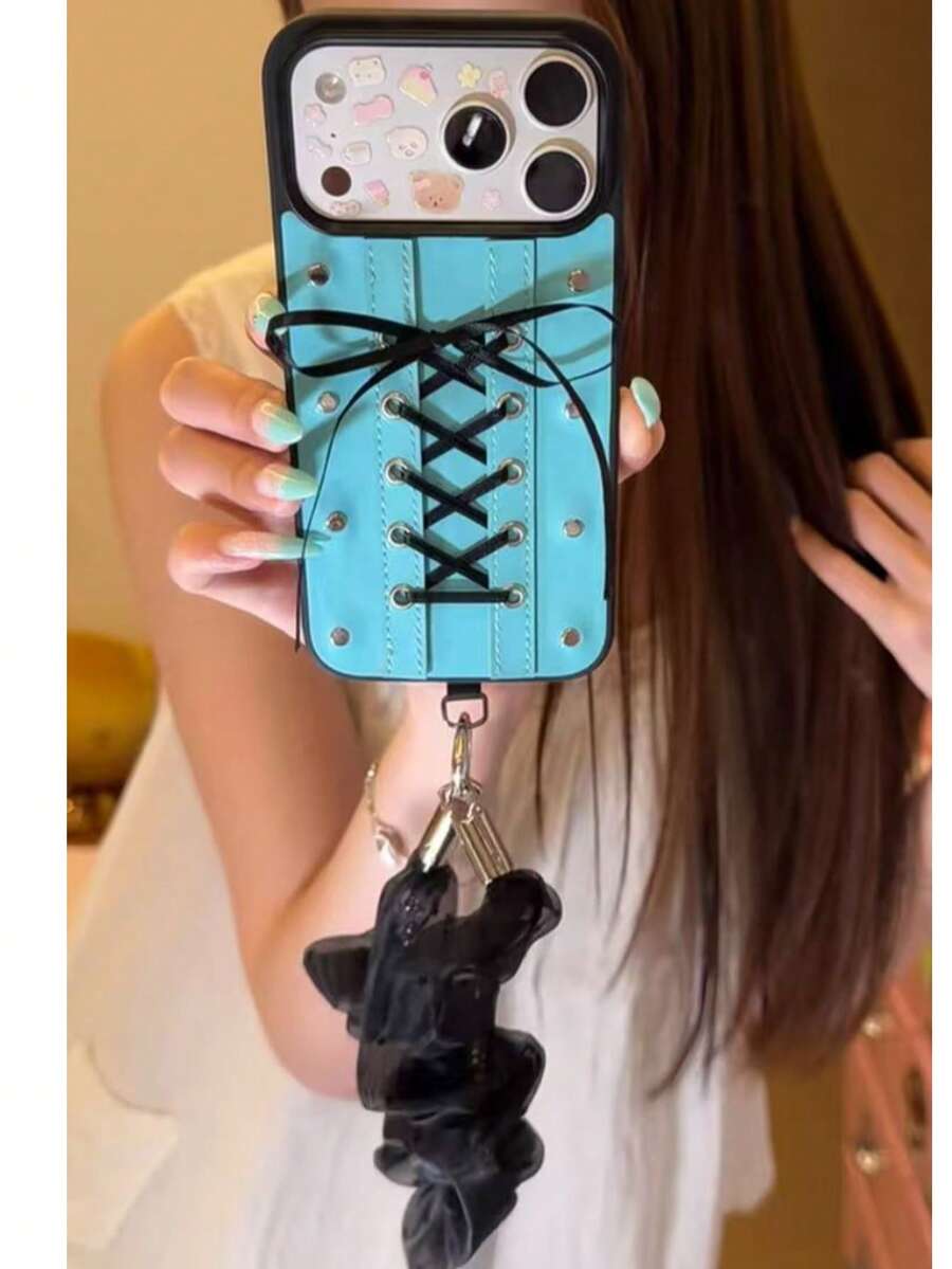 Black Frame Green Background Leather Texture Bow Ribbon Phone Case Compatible With Apple 17 Pro Max, 16 Pro, Original Minimalist 15, Ins Style Korean Japanese 14, Elegant Niche Luxury Anti-Drop Protective Shell 18 - Mint Green - View 1