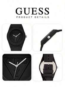 ساعة GUESS الرجالية باللون الأسود المطفي: شعار مثلث محفور، تصميم صناعي بسيط. سوار من السيليكون/الجلد/المعدن، ساعة رياضية بأسلوب الهيب هوب. - الأسود - مشاهدة 5