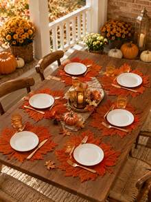 1/4/6PCS Orange Maple Leaf Linen Placemats, Rustic Autumn Leaf Shaped Table Mats, Farmhouse Heat Resistant Dining Place Mats For Thanksgiving Table Decor, Fall Kitchen Dining Room Party And Seasonal Home Decoration - Multicolor - View 1
