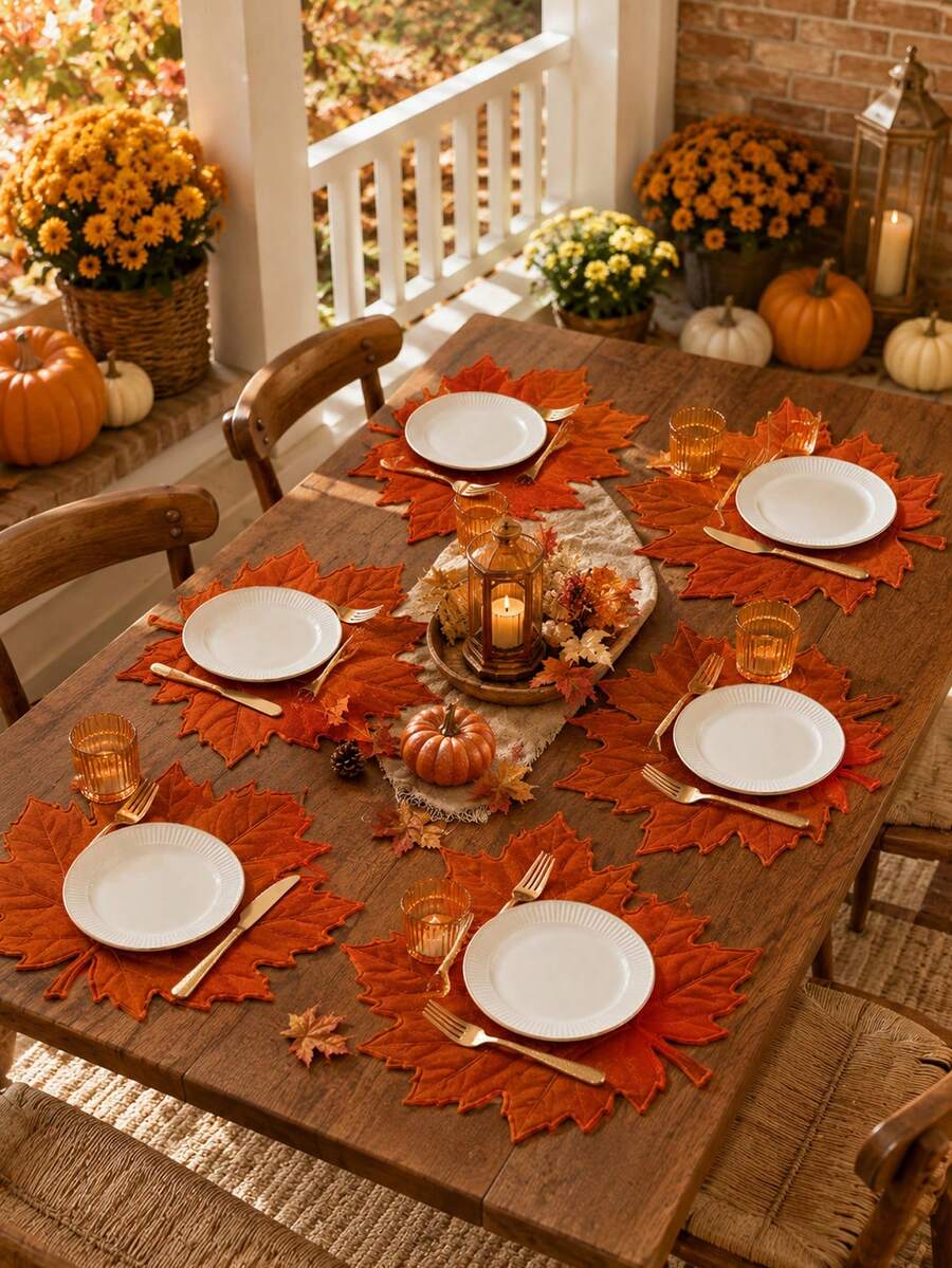 1/4/6PCS Orange Maple Leaf Linen Placemats, Rustic Autumn Leaf Shaped Table Mats, Farmhouse Heat Resistant Dining Place Mats For Thanksgiving Table Decor, Fall Kitchen Dining Room Party And Seasonal Home Decoration - Multicolor - View 1